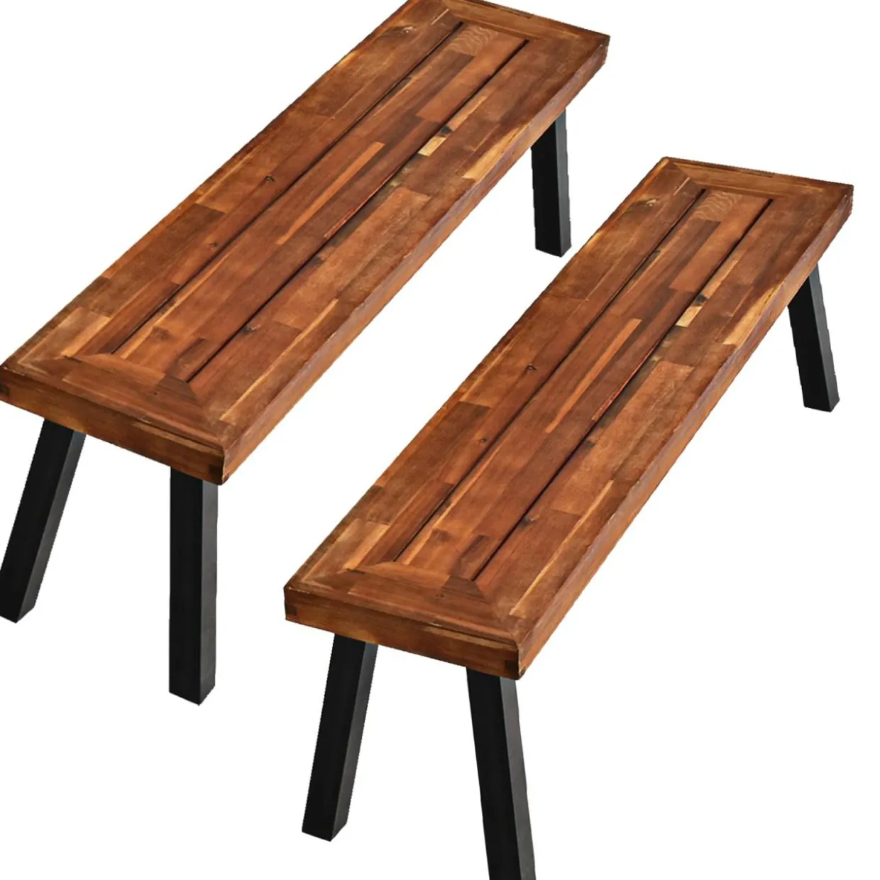 Outdoor Acacia Wood Bench, Patio Dining Bench Picnic Bench with Steel Legs (1, Teak)