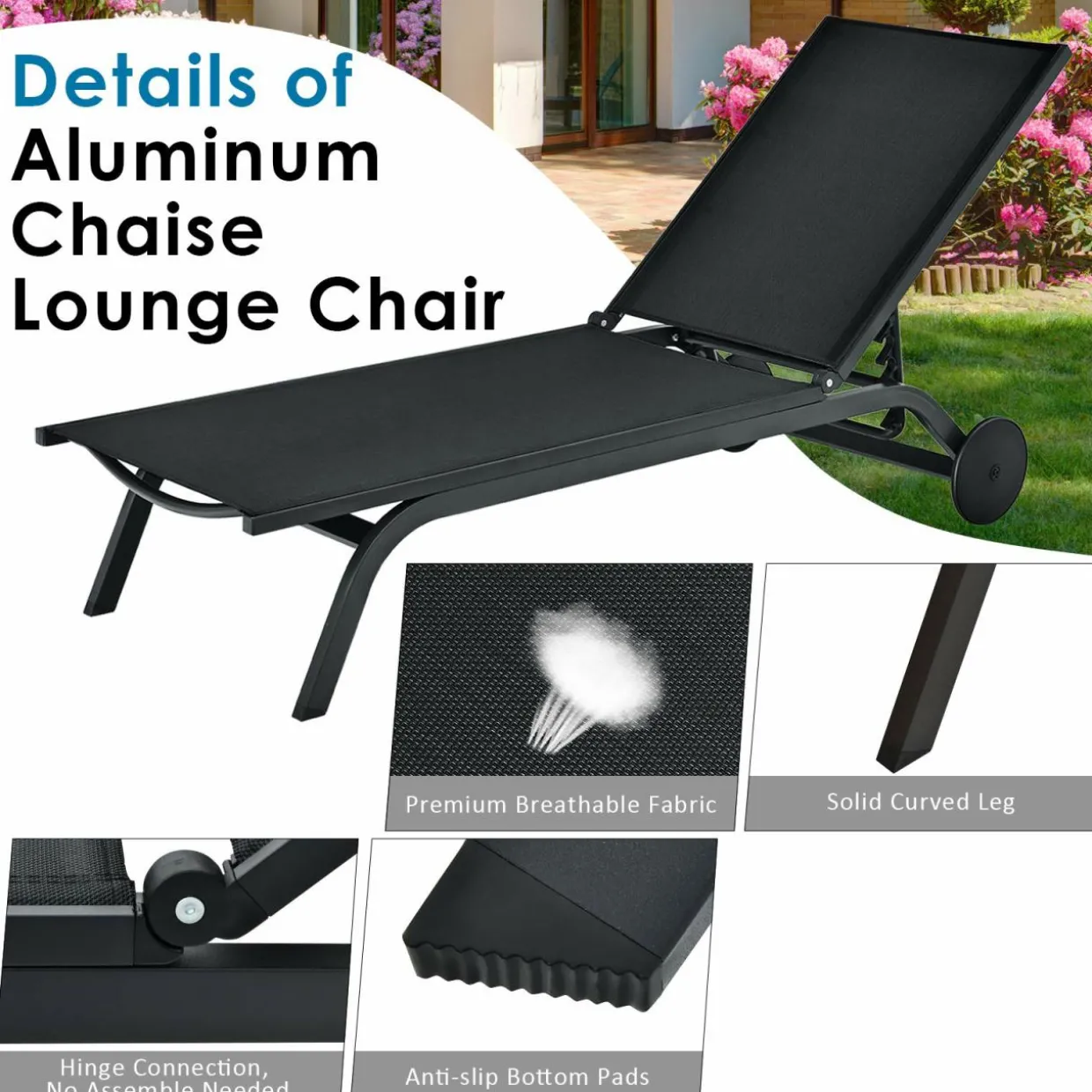Outdoor Aluminum Chaise Lounge, Patio Lounge Recliner Chair