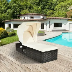 Outdoor Chaise Lounge Chair with Folding Canopy, Adjustable Cushioned Reclining Chair with Flip-up Tea Table