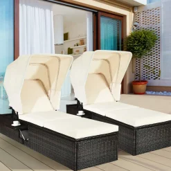 Outdoor Chaise Lounge Chair with Folding Canopy, Adjustable Cushioned Reclining Chair with Flip-up Tea Table
