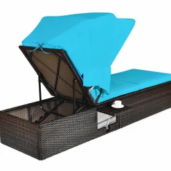 Outdoor Chaise Lounge Chair with Folding Canopy, Adjustable Cushioned Reclining Chair with Flip-up Tea Table