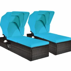 Outdoor Chaise Lounge Chair with Folding Canopy, Adjustable Cushioned Reclining Chair with Flip-up Tea Table