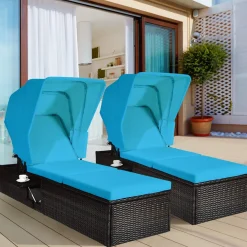 Outdoor Chaise Lounge Chair with Folding Canopy, Adjustable Cushioned Reclining Chair with Flip-up Tea Table