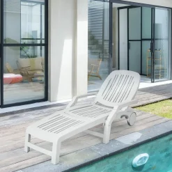 Outdoor Chaise Lounge Chair, 5-Position Adjustable Recliner with Storage Box and Flexible Wheels