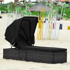 Outdoor Chaise Lounge Chair with Folding Canopy, Adjustable Cushioned Reclining Chair with Flip-up Tea Table