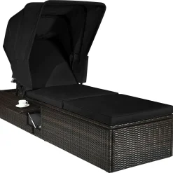 Outdoor Chaise Lounge Chair with Folding Canopy, Adjustable Cushioned Reclining Chair with Flip-up Tea Table