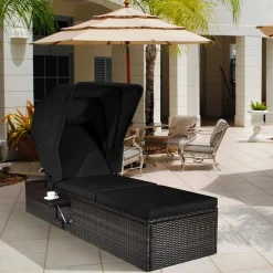Outdoor Chaise Lounge Chair with Folding Canopy, Adjustable Cushioned Reclining Chair with Flip-up Tea Table