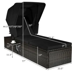 Outdoor Chaise Lounge Chair with Folding Canopy, Adjustable Cushioned Reclining Chair with Flip-up Tea Table
