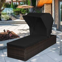 Outdoor Chaise Lounge Chair with Folding Canopy, Adjustable Cushioned Reclining Chair with Flip-up Tea Table