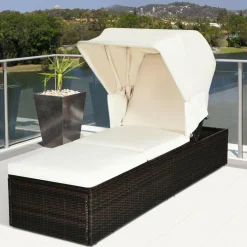 Outdoor Chaise Lounge Chair with Folding Canopy, Adjustable Cushioned Reclining Chair with Flip-up Tea Table
