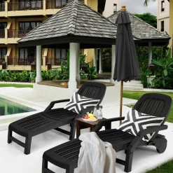Outdoor Chaise Lounge Chair, 5-Position Adjustable Recliner with Storage Box and Flexible Wheels