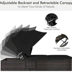 Outdoor Chaise Lounge Chair with Folding Canopy, Adjustable Cushioned Reclining Chair with Flip-up Tea Table