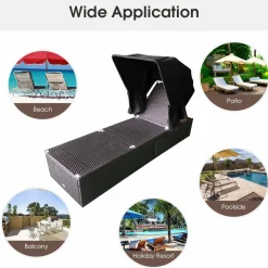 Outdoor Chaise Lounge Chair with Folding Canopy, Adjustable Cushioned Reclining Chair with Flip-up Tea Table