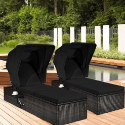 Outdoor Chaise Lounge Chair with Folding Canopy, Adjustable Cushioned Reclining Chair with Flip-up Tea Table