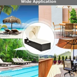 Outdoor Chaise Lounge Chair with Folding Canopy, Adjustable Cushioned Reclining Chair with Flip-up Tea Table