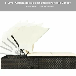 Outdoor Chaise Lounge Chair with Folding Canopy, Adjustable Cushioned Reclining Chair with Flip-up Tea Table