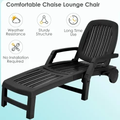 Outdoor Chaise Lounge Chair, 5-Position Adjustable Recliner with Storage Box and Flexible Wheels