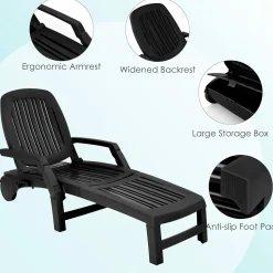 Outdoor Chaise Lounge Chair, 5-Position Adjustable Recliner with Storage Box and Flexible Wheels