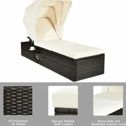 Outdoor Chaise Lounge Chair with Folding Canopy, Adjustable Cushioned Reclining Chair with Flip-up Tea Table
