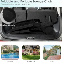 Outdoor Chaise Lounge Chair, 5-Position Adjustable Recliner with Storage Box and Flexible Wheels