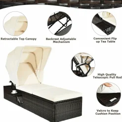 Outdoor Chaise Lounge Chair with Folding Canopy, Adjustable Cushioned Reclining Chair with Flip-up Tea Table