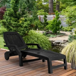 Outdoor Chaise Lounge Chair, 5-Position Adjustable Recliner with Storage Box and Flexible Wheels