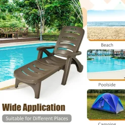 Outdoor Chaise Lounge Chair, Adjustable 5-Posistion Recliner Chair with Built-in Wheels