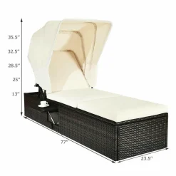 Outdoor Chaise Lounge Chair with Folding Canopy, Adjustable Cushioned Reclining Chair with Flip-up Tea Table