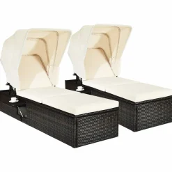 Outdoor Chaise Lounge Chair with Folding Canopy, Adjustable Cushioned Reclining Chair with Flip-up Tea Table