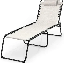 Outdoor Folding Chaise Lounge Chair, 4-Position Adjustable Reclining Chair with Pillow