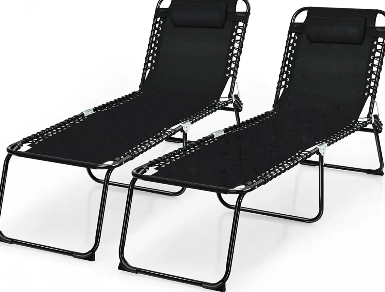 Outdoor Folding Chaise Lounge Chair, 4-Position Adjustable Reclining Chair with Pillow