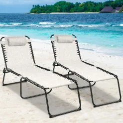 Outdoor Folding Chaise Lounge Chair, 4-Position Adjustable Reclining Chair with Pillow