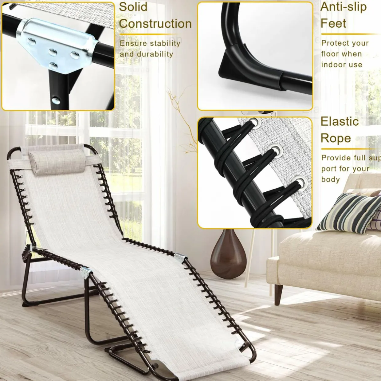 Outdoor Folding Chaise Lounge Chair, 4-Position Adjustable Reclining Chair with Pillow
