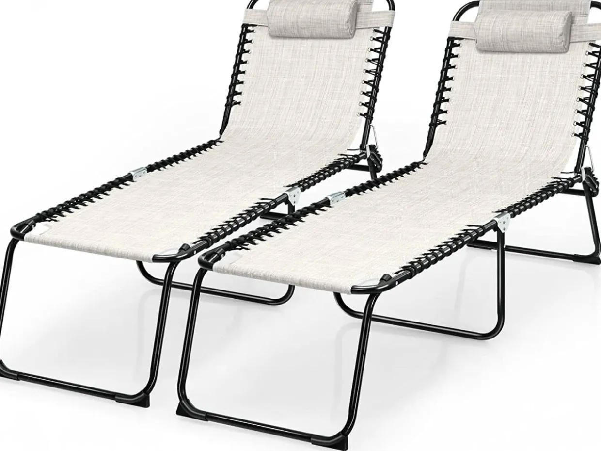 Outdoor Folding Chaise Lounge Chair, 4-Position Adjustable Reclining Chair with Pillow