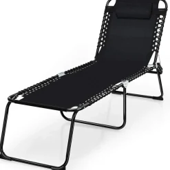 Outdoor Folding Chaise Lounge Chair, 4-Position Adjustable Reclining Chair with Pillow