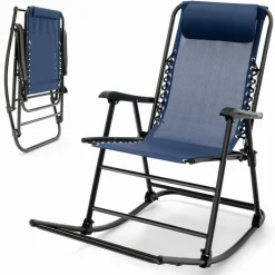 Outdoor Folding Rocking Chair, No Assembly Required, Foldable Rocker Recliner with Headrest