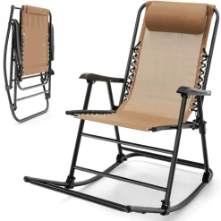 Outdoor Folding Rocking Chair, No Assembly Required, Foldable Rocker Recliner with Headrest