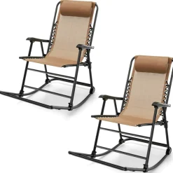 Outdoor Folding Rocking Chair, No Assembly Required, Foldable Rocker Recliner with Headrest