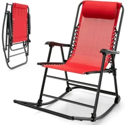Outdoor Folding Rocking Chair, No Assembly Required, Foldable Rocker Recliner with Headrest