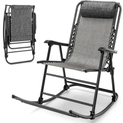 Outdoor Folding Rocking Chair, No Assembly Required, Foldable Rocker Recliner with Headrest