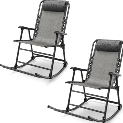 Outdoor Folding Rocking Chair, No Assembly Required, Foldable Rocker Recliner with Headrest