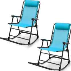 Outdoor Folding Rocking Chair, No Assembly Required, Foldable Rocker Recliner with Headrest