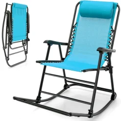 Outdoor Folding Rocking Chair, No Assembly Required, Foldable Rocker Recliner with Headrest
