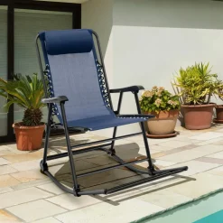 Outdoor Folding Rocking Chair, No Assembly Required, Foldable Rocker Recliner with Headrest