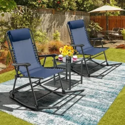 Outdoor Folding Rocking Chair, No Assembly Required, Foldable Rocker Recliner with Headrest