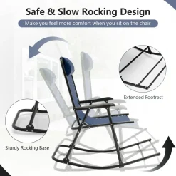 Outdoor Folding Rocking Chair, No Assembly Required, Foldable Rocker Recliner with Headrest