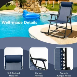 Outdoor Folding Rocking Chair, No Assembly Required, Foldable Rocker Recliner with Headrest