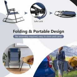 Outdoor Folding Rocking Chair, No Assembly Required, Foldable Rocker Recliner with Headrest