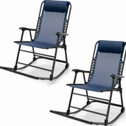 Outdoor Folding Rocking Chair, No Assembly Required, Foldable Rocker Recliner with Headrest