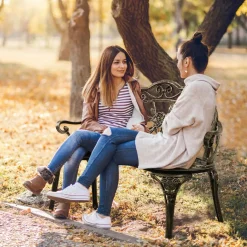 Outdoor Garden Bench Park Bench, All-Weather Patio Bench Chair with Cast Aluminum Seat & Backrest